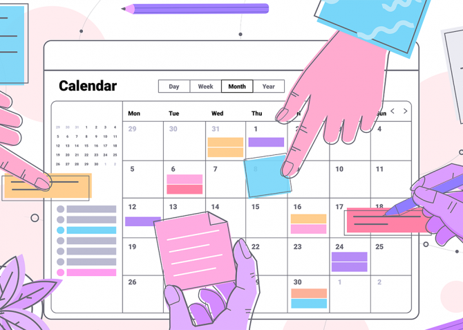 Illustration of hands pointing at a calendar.