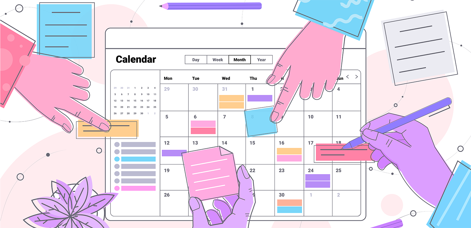 Illustration of hands pointing at a calendar.